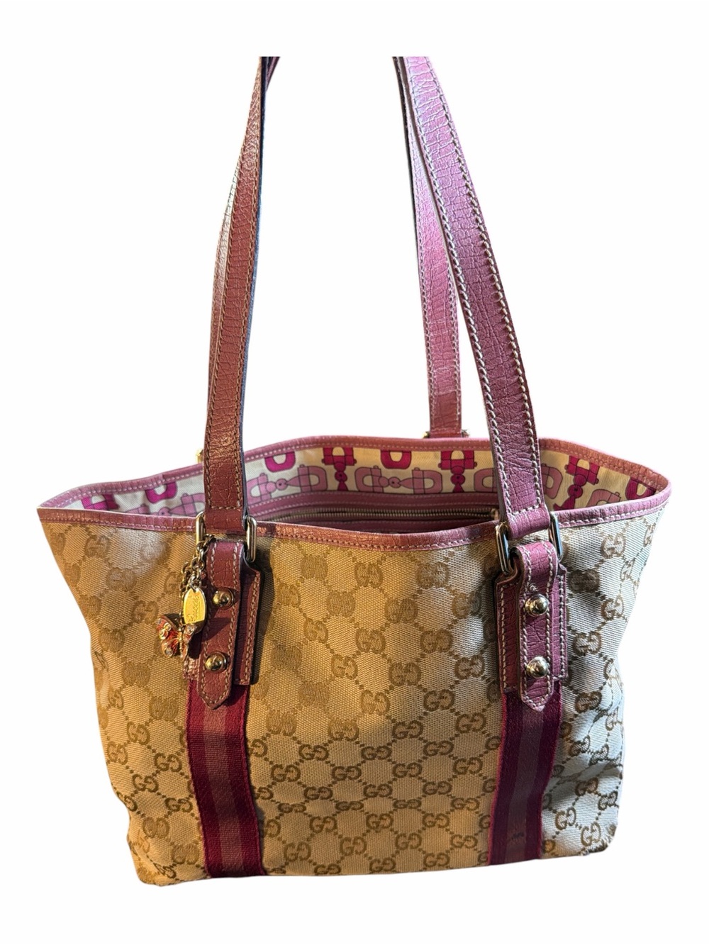 Gucci Vintage GG Canvas Jolicoeur Tote Bag Pink Leather Trim & Butterfly Charm